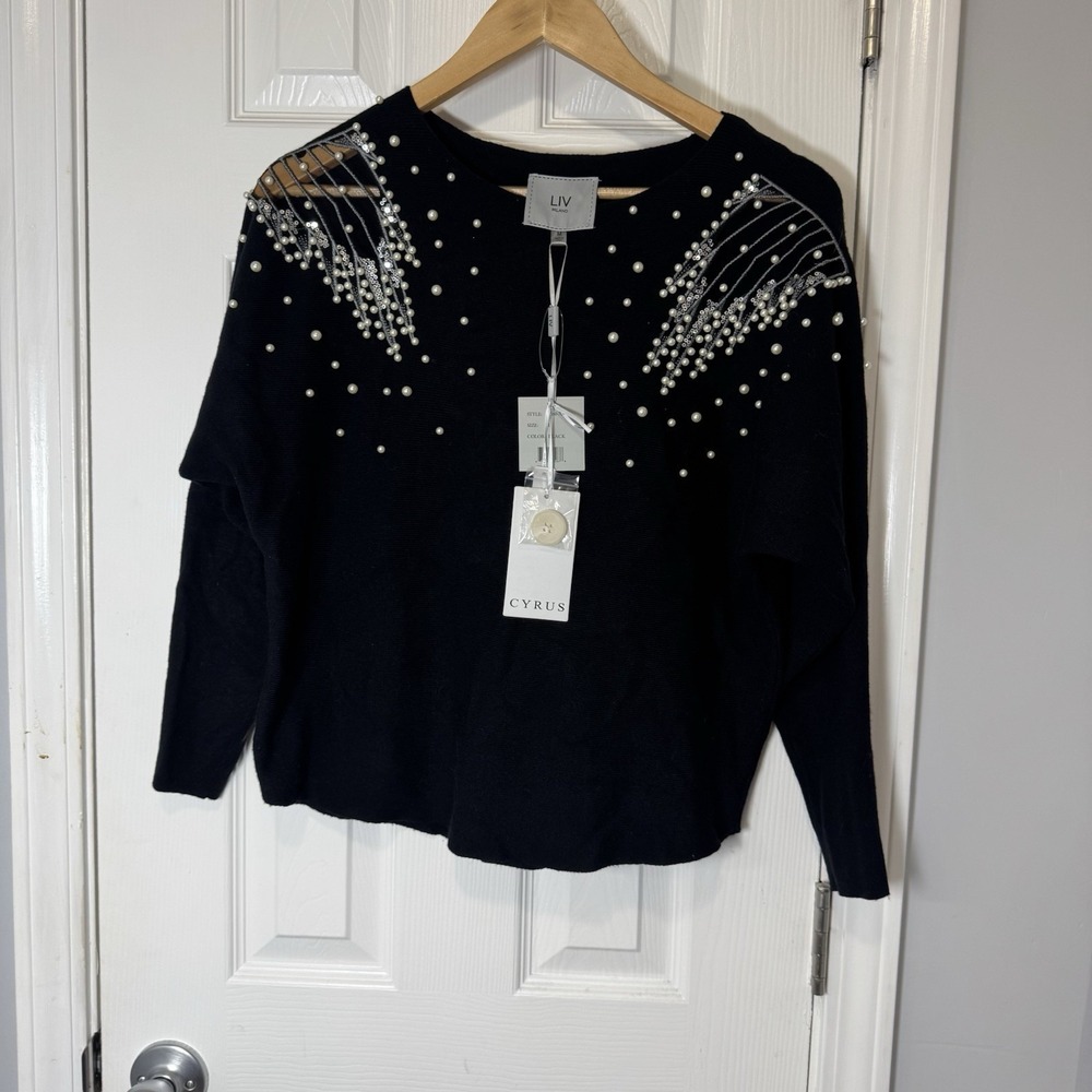 Liv Milano Women's Black Sweater Silver Diamond Pearl Medium LS NWT